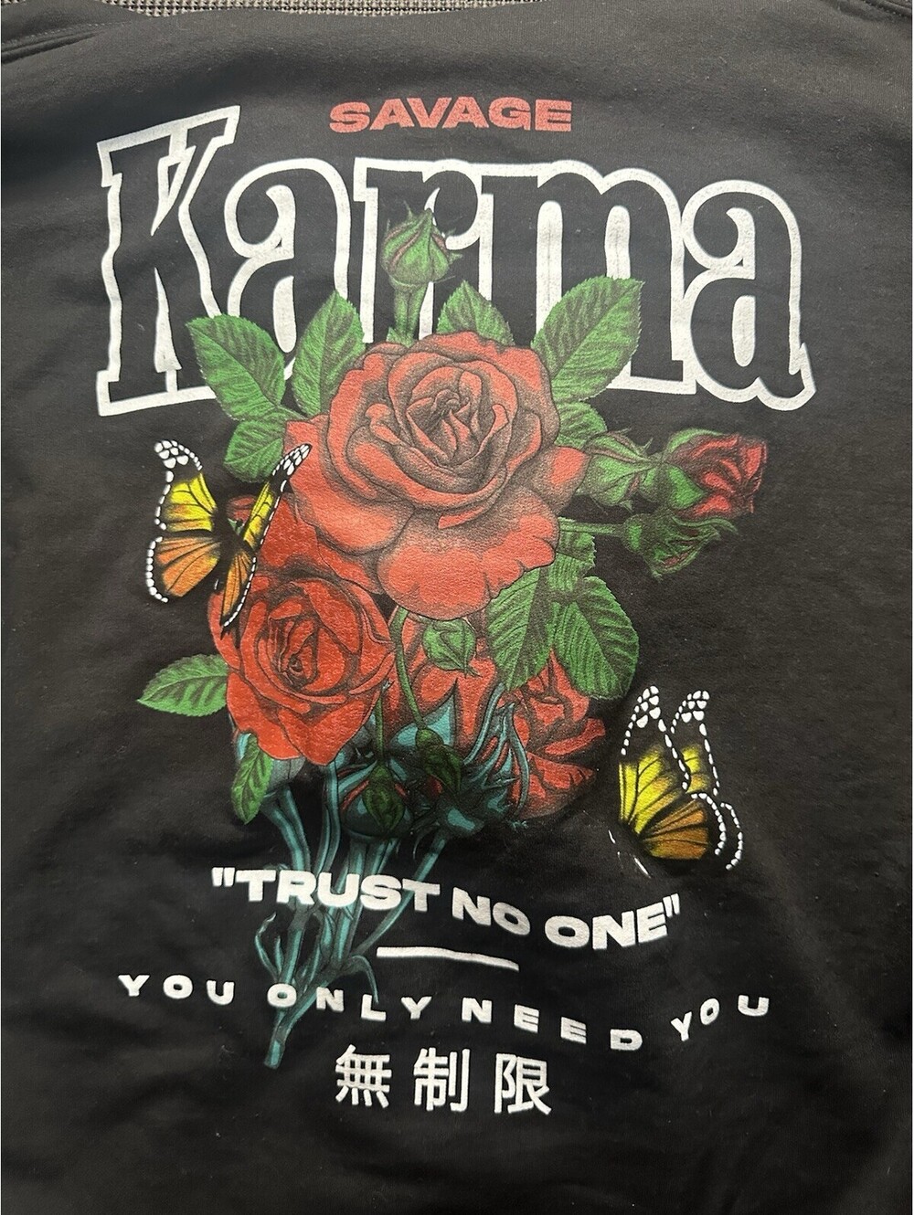 Savage Karma Hoodie XL Black Rose Butterfly Graphic Streetwear Pullover
